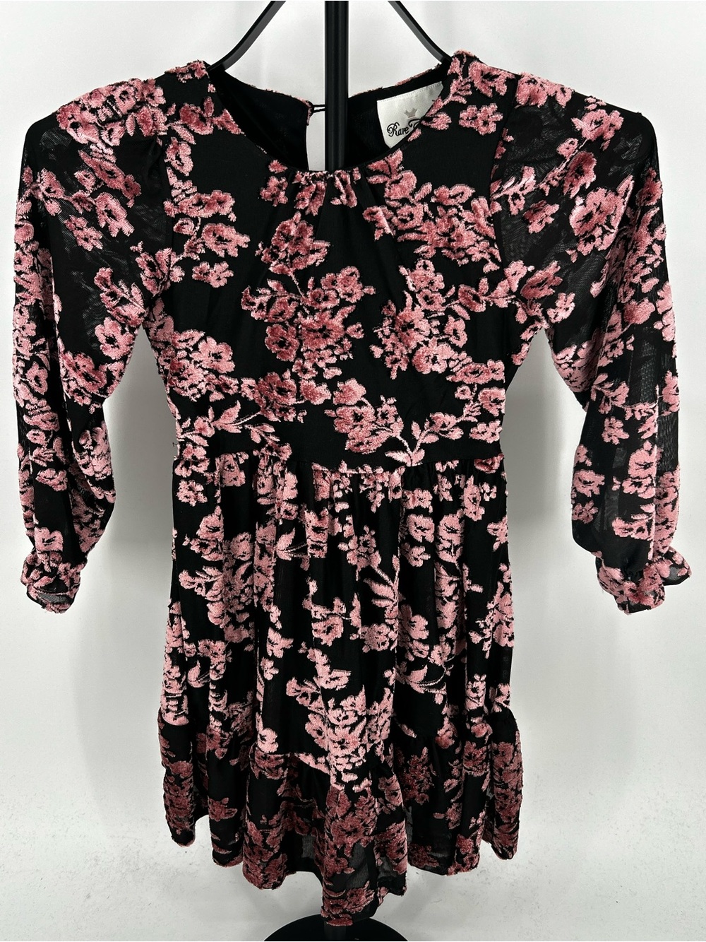 Rare Editions Black Dress with Pink Floral Burnout Size 8